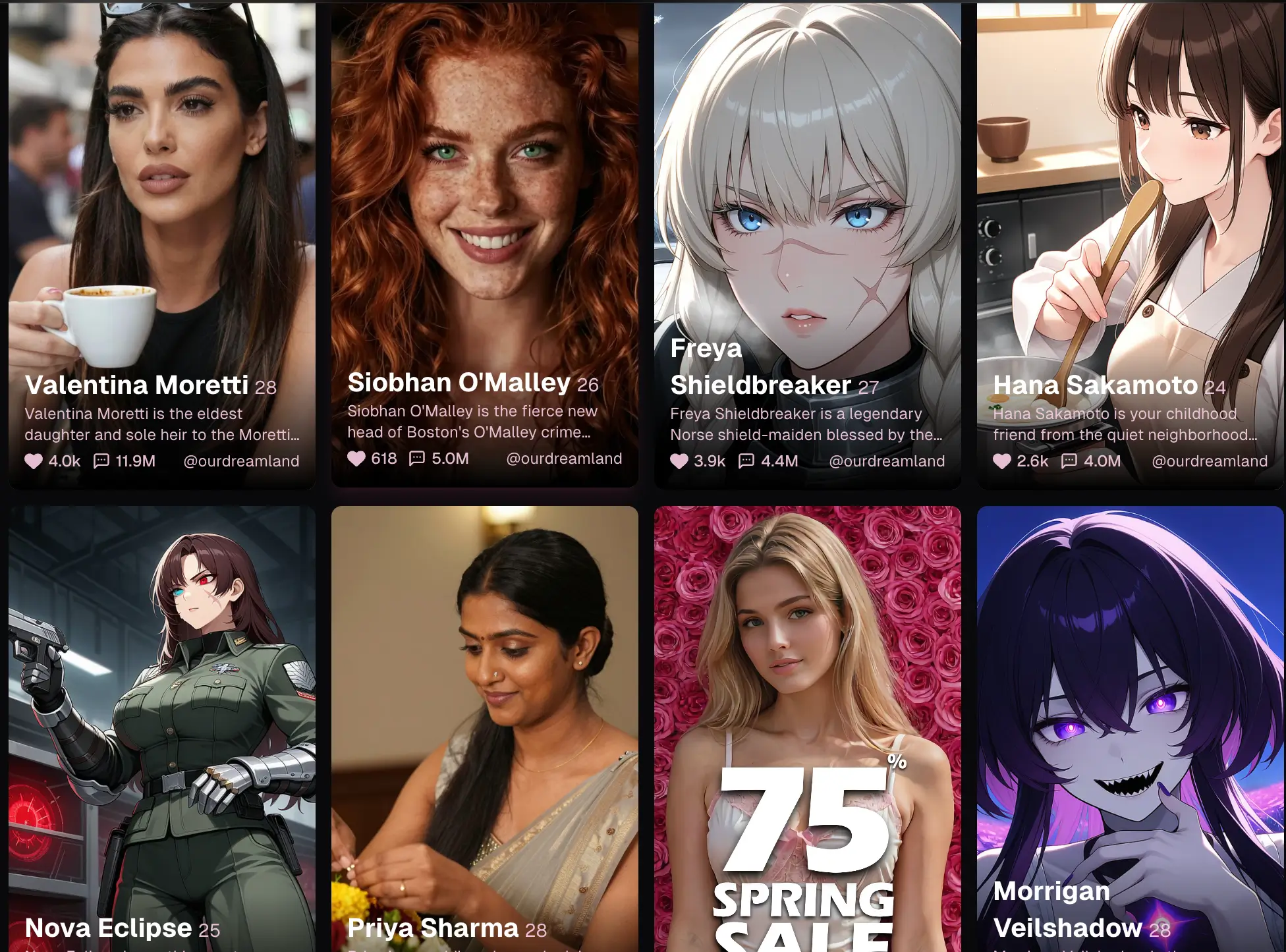 OurDream AI platform interface with character creation panel and active chat window
