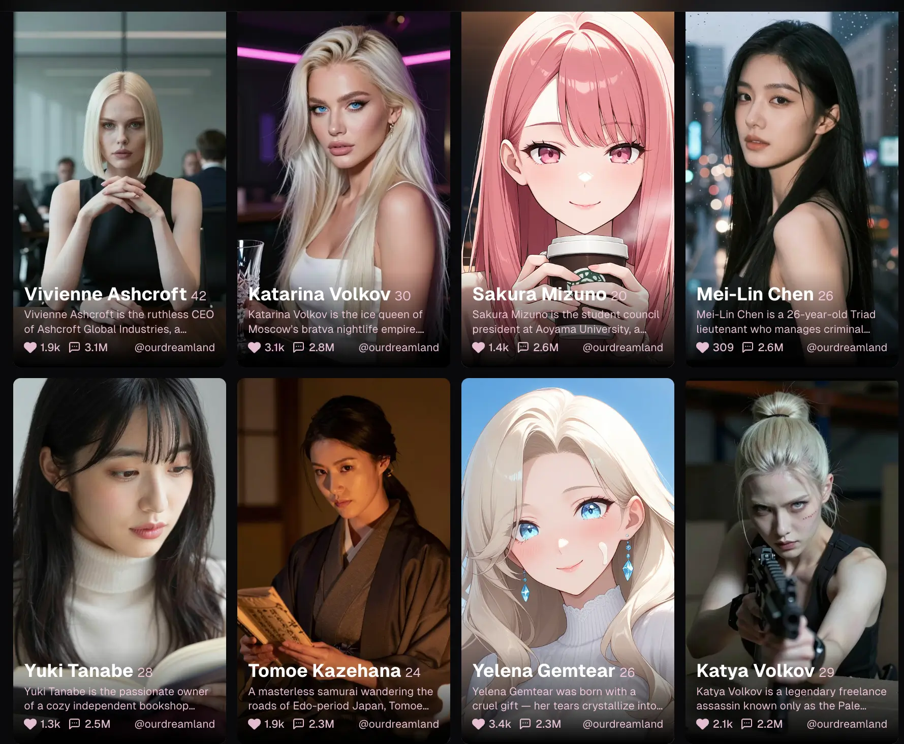 OurDream AI character creation screen showing appearance sliders, personality configuration panel, and voice profile selection